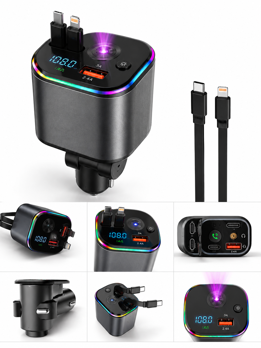 Image of D16 Retractable Car Charger 4-in-1 | 120W PD Fast Charging, FM Player & RGB Lights