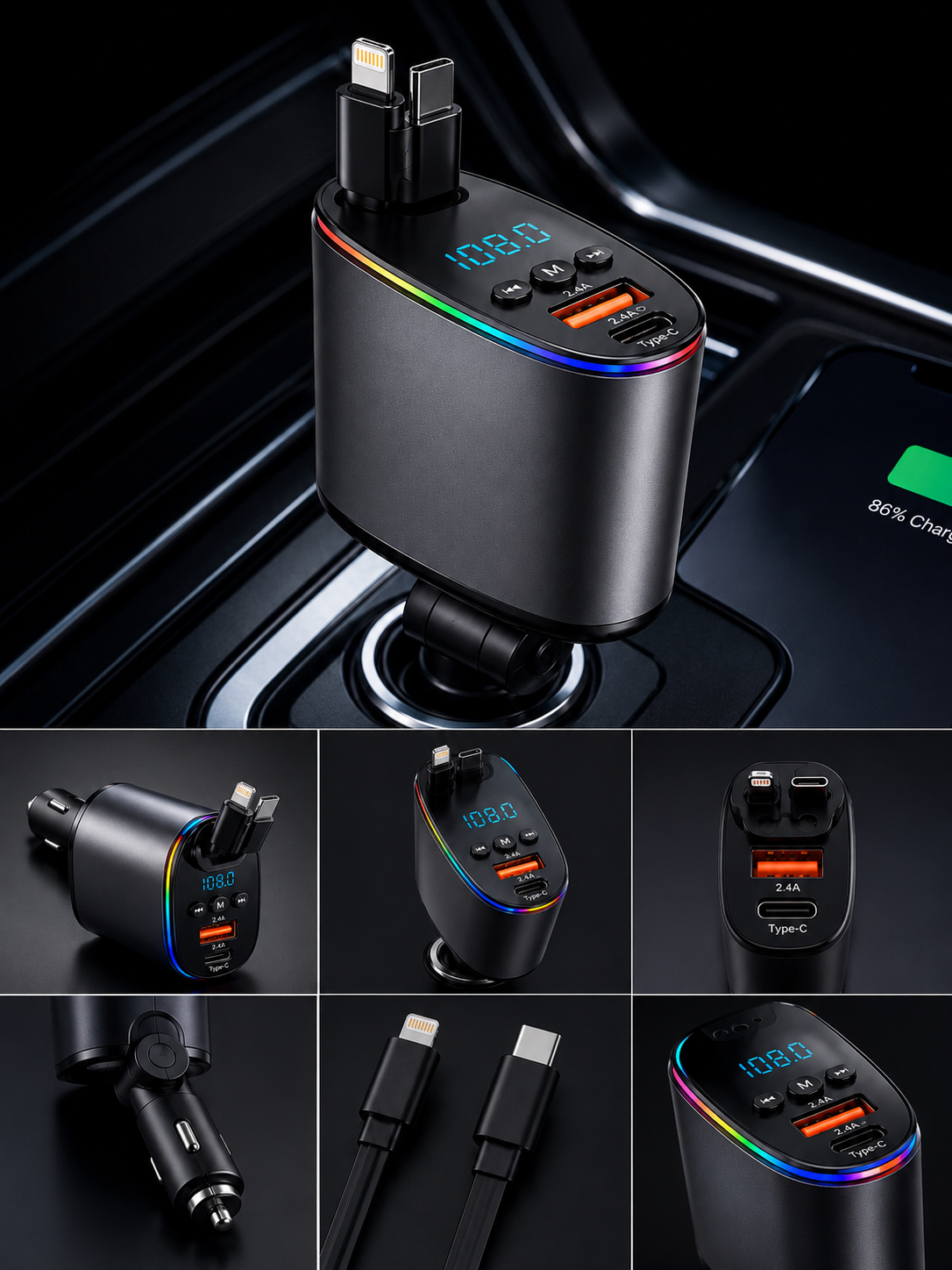 Image of 2-in-1 Car Charger | 120W PD Fast Charging, MP3 Player & Retractable Type-C/Lightning Cable